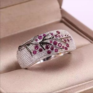 New 925 Silver Tree Branch Red Crystal Ringπ